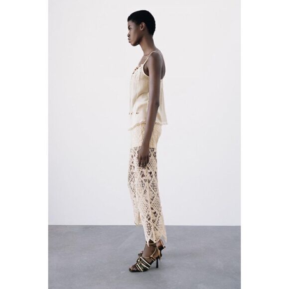 NWT Zara Beaded Macrame Knot & Fringe Cotton V-Neck Top in Ecru, Size XS - Picture 4 of 15